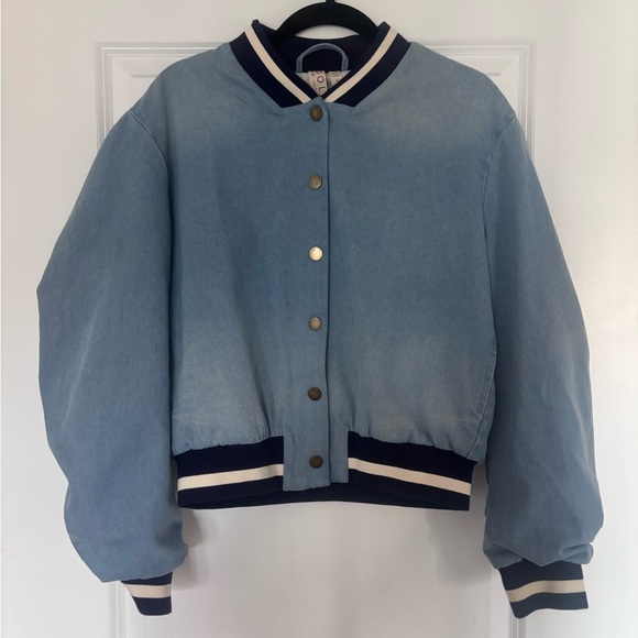 Anthropologie Dolan Ruched-Sleeve Denim Varsity Bomber Jacket - Picture 3 of 6
